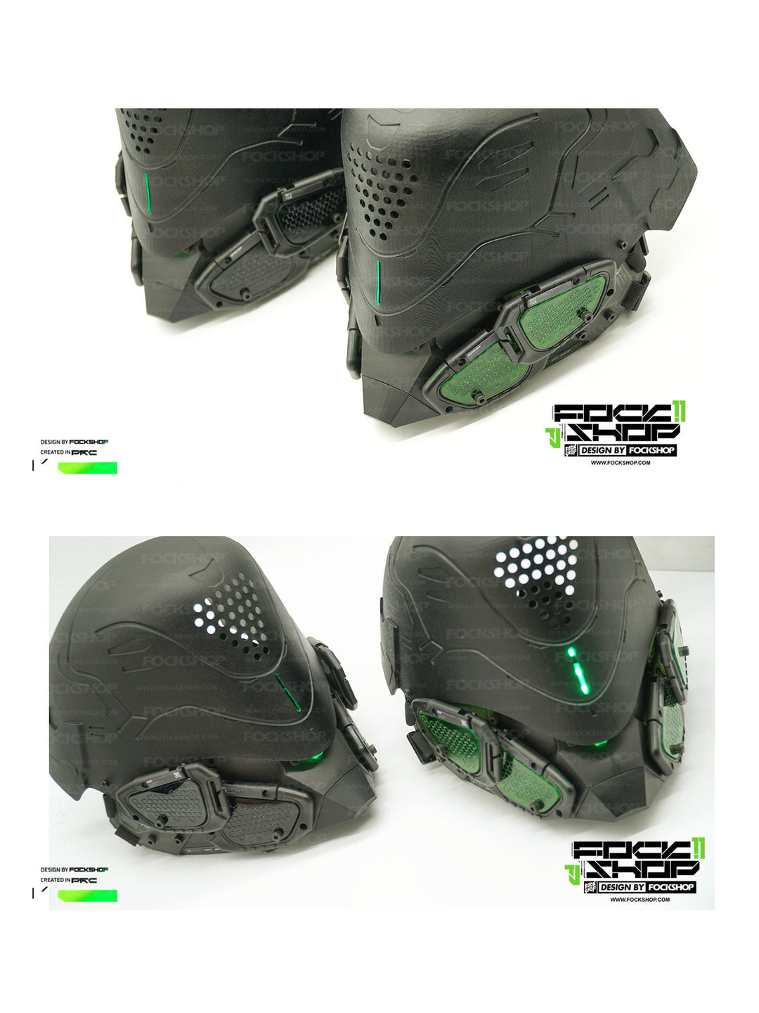 FOCKSHOP PROPHECY illuminated cyber mask — paired original product close-ups comparing unlit and green-lit face panels