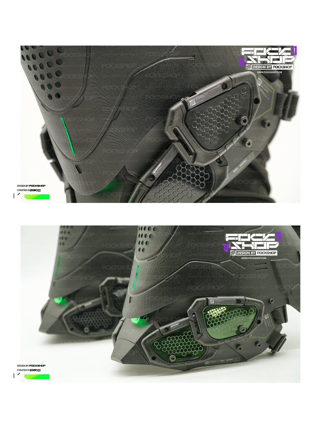 FOCKSHOP PROPHECY illuminated cyber mask — black honeycomb cheek-panel close-up and green versus black panel comparison