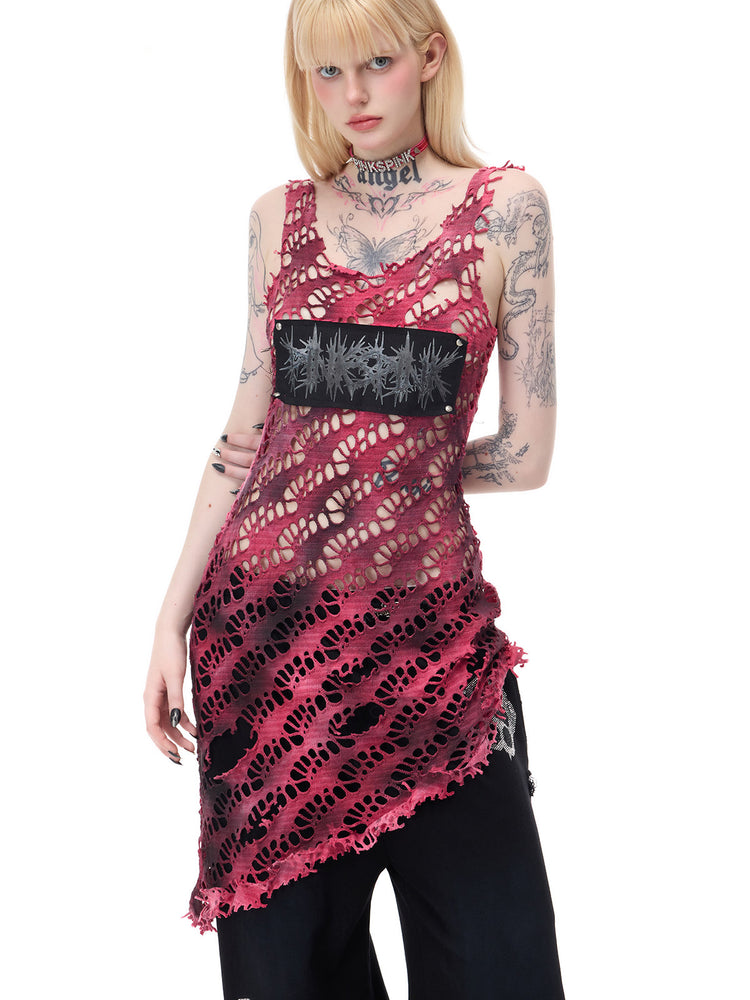 PINKSPINK AFTERGLOW distressed open-knit asymmetric dress in hot pink — close three-quarter front modeled view repeated in the hero collage