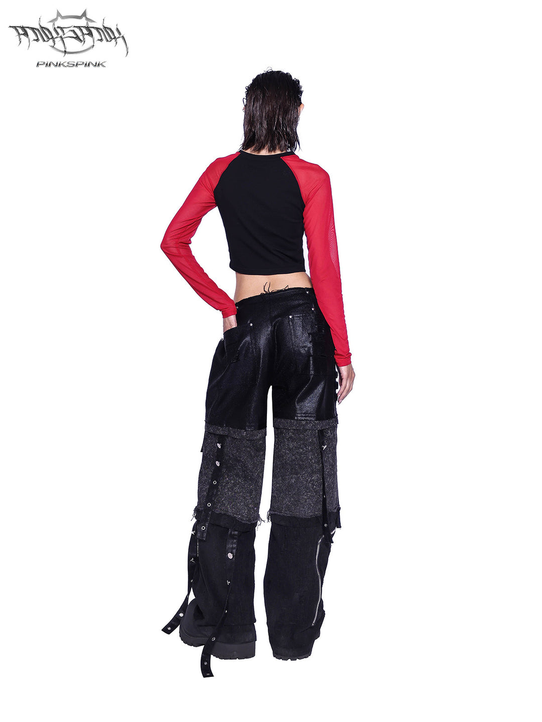 PINKSPINK SPHYNX red mesh-sleeve cropped graphic tee — black and red cropped tee — full-length back view with hands at waist