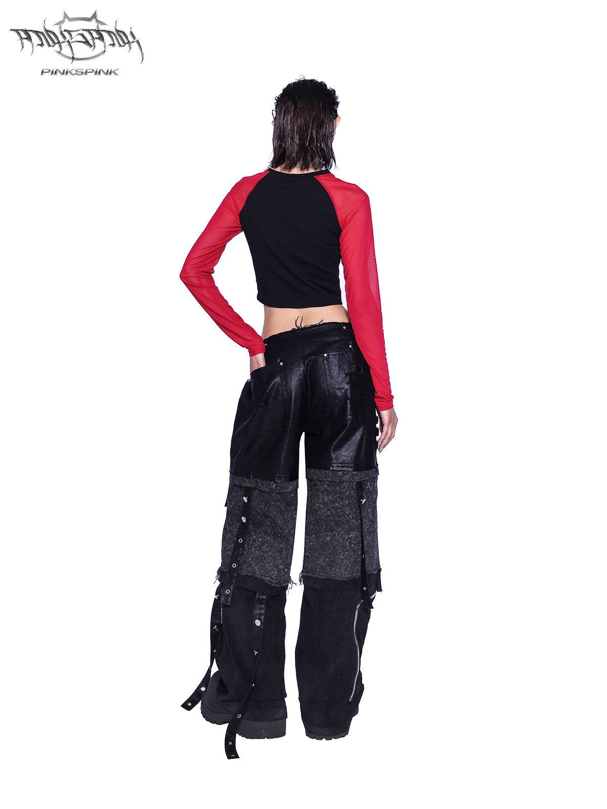 PINKSPINK SPHYNX red mesh-sleeve cropped graphic tee — black and red cropped tee — full-length back view with hands at waist