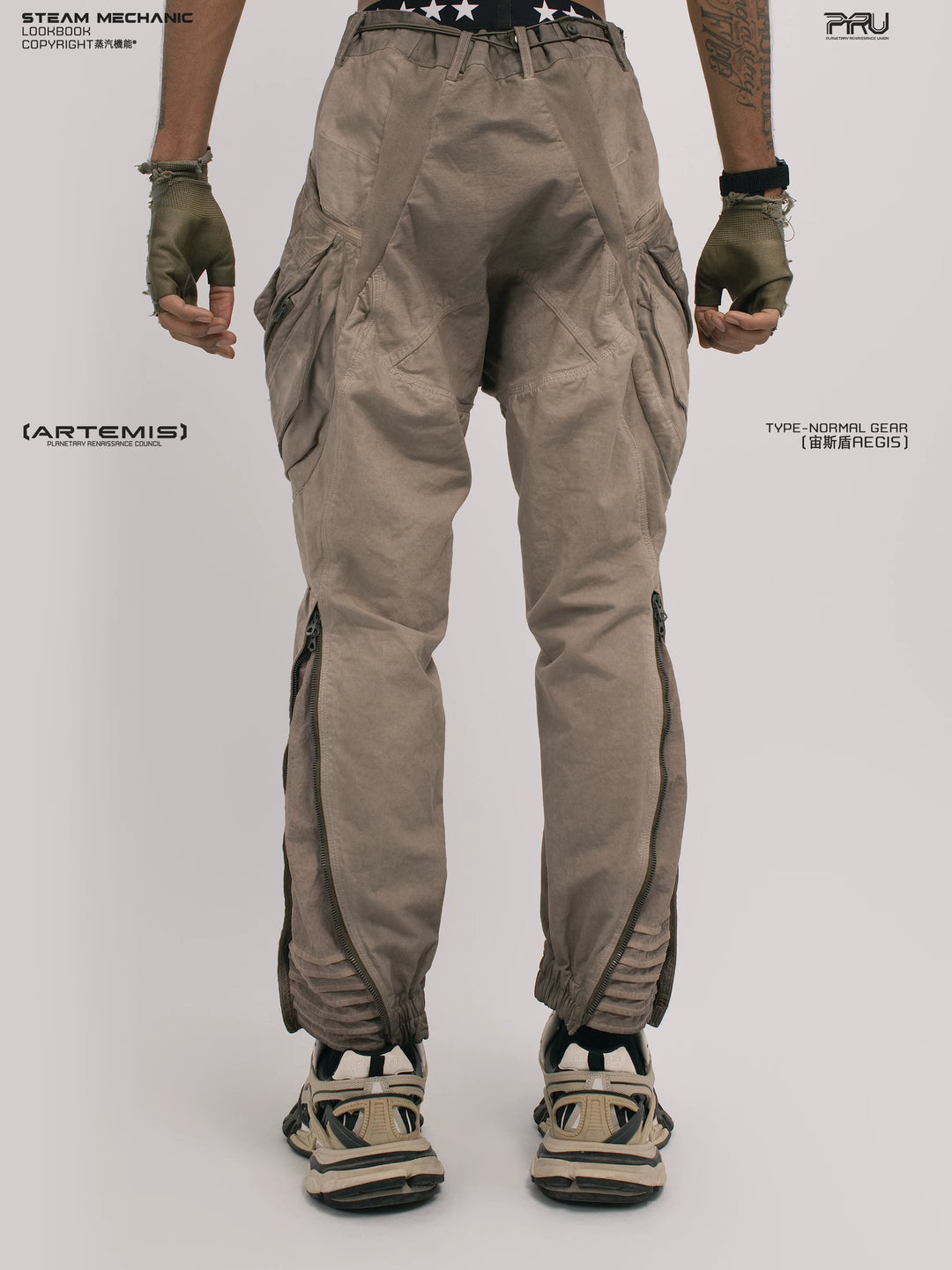 AEGIS xirang brown multi-pocket moto pants — side modeled view