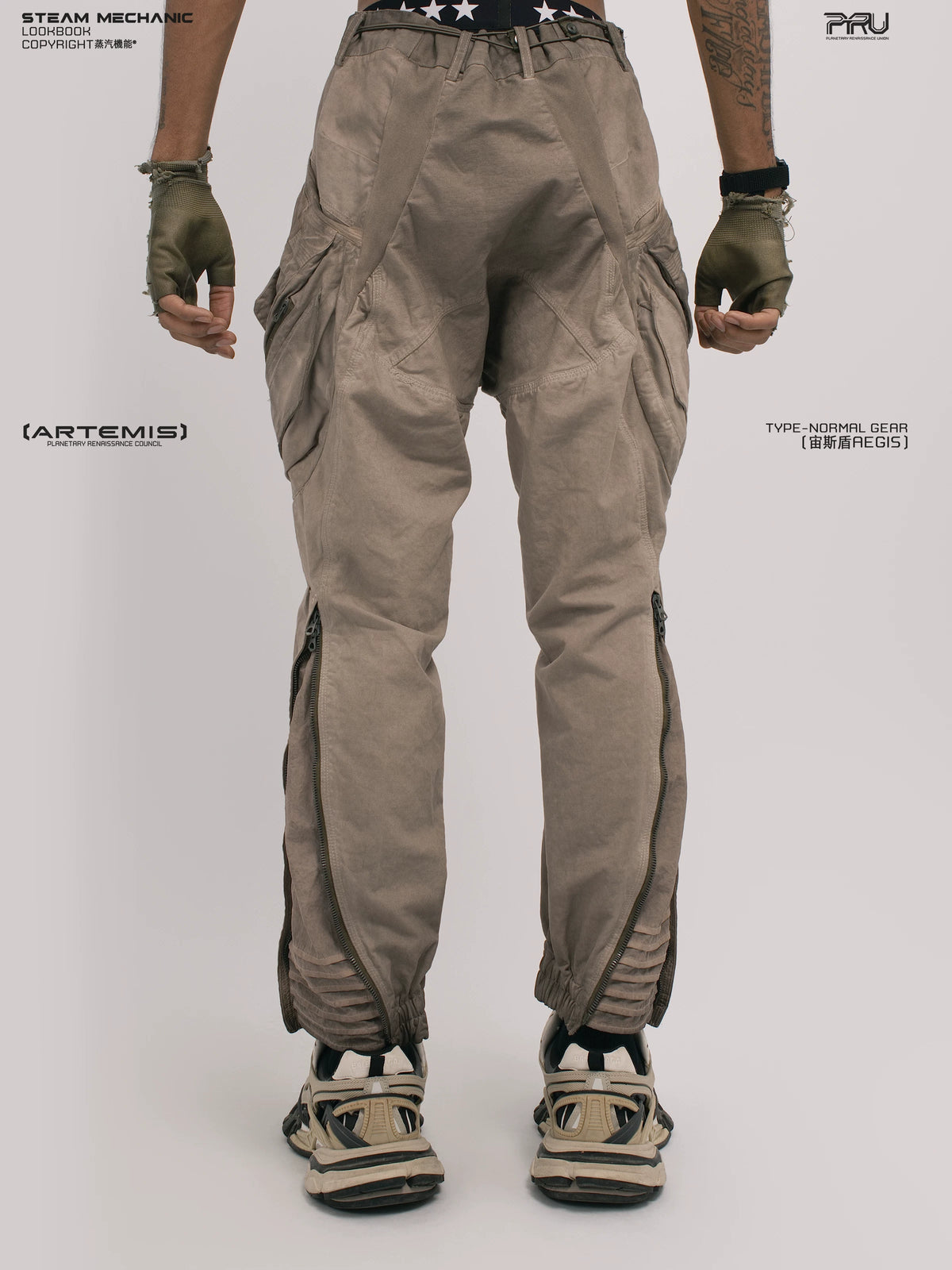 AEGIS xirang brown multi-pocket moto pants — side modeled view