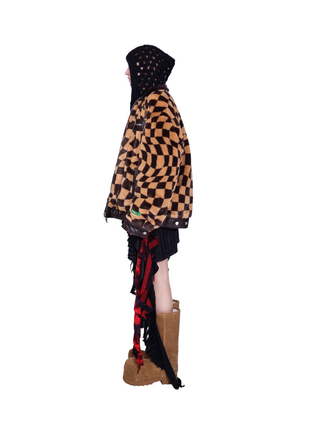 PINKSPINK WARPED checkerboard padded faux-fur jacket — caramel brown checkerboard jacket — opposite side view with hooded-layer styling