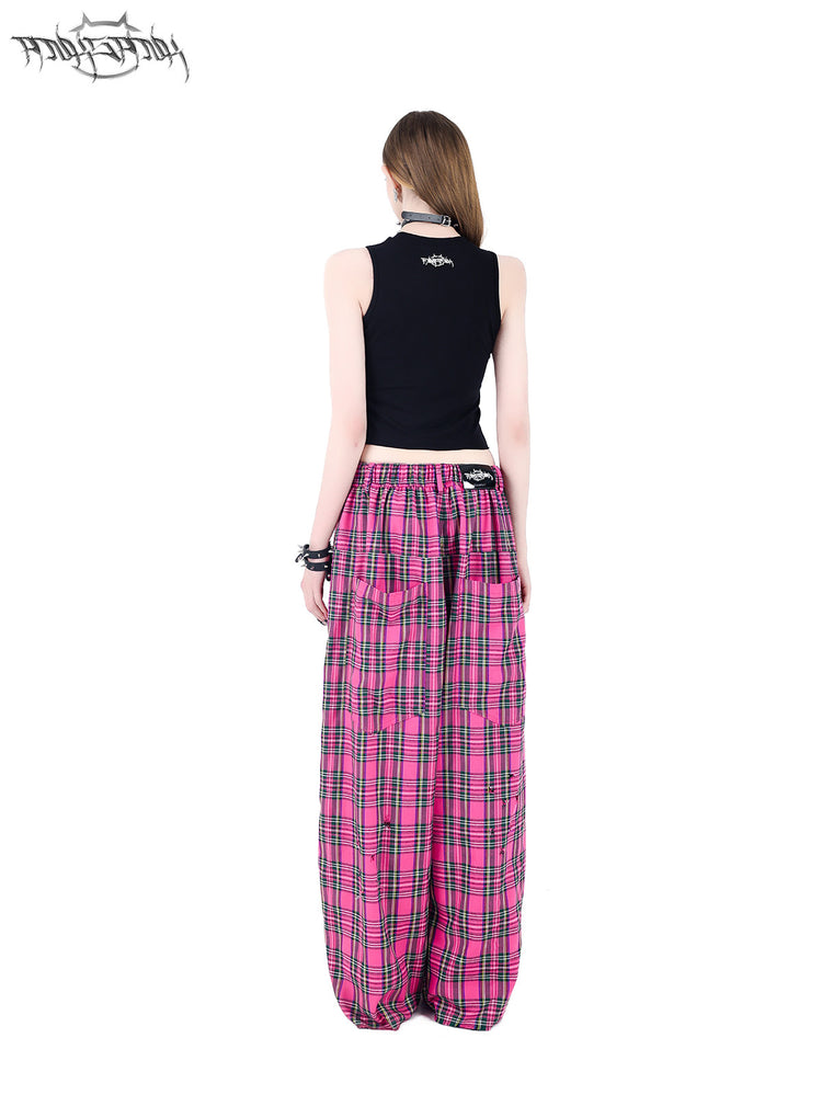 PINKSPINK PINK RIOT distressed plaid wide-leg pants — pink plaid back view showing the elastic waist