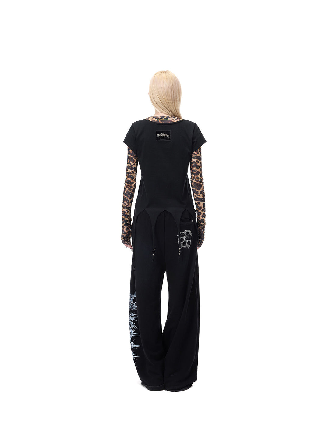 PINKSPINK VENOM rhinestone leopard mesh tee in brown leopard — back layered outfit showing the leopard sleeves