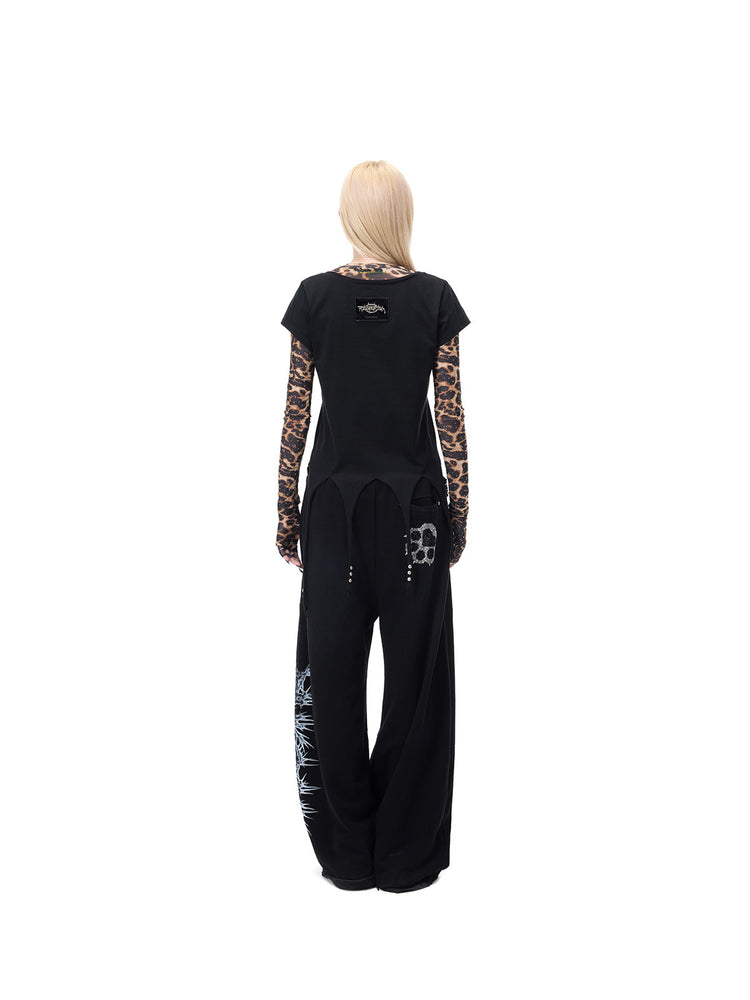 PINKSPINK VENOM rhinestone leopard mesh tee in brown leopard — back layered outfit showing the leopard sleeves