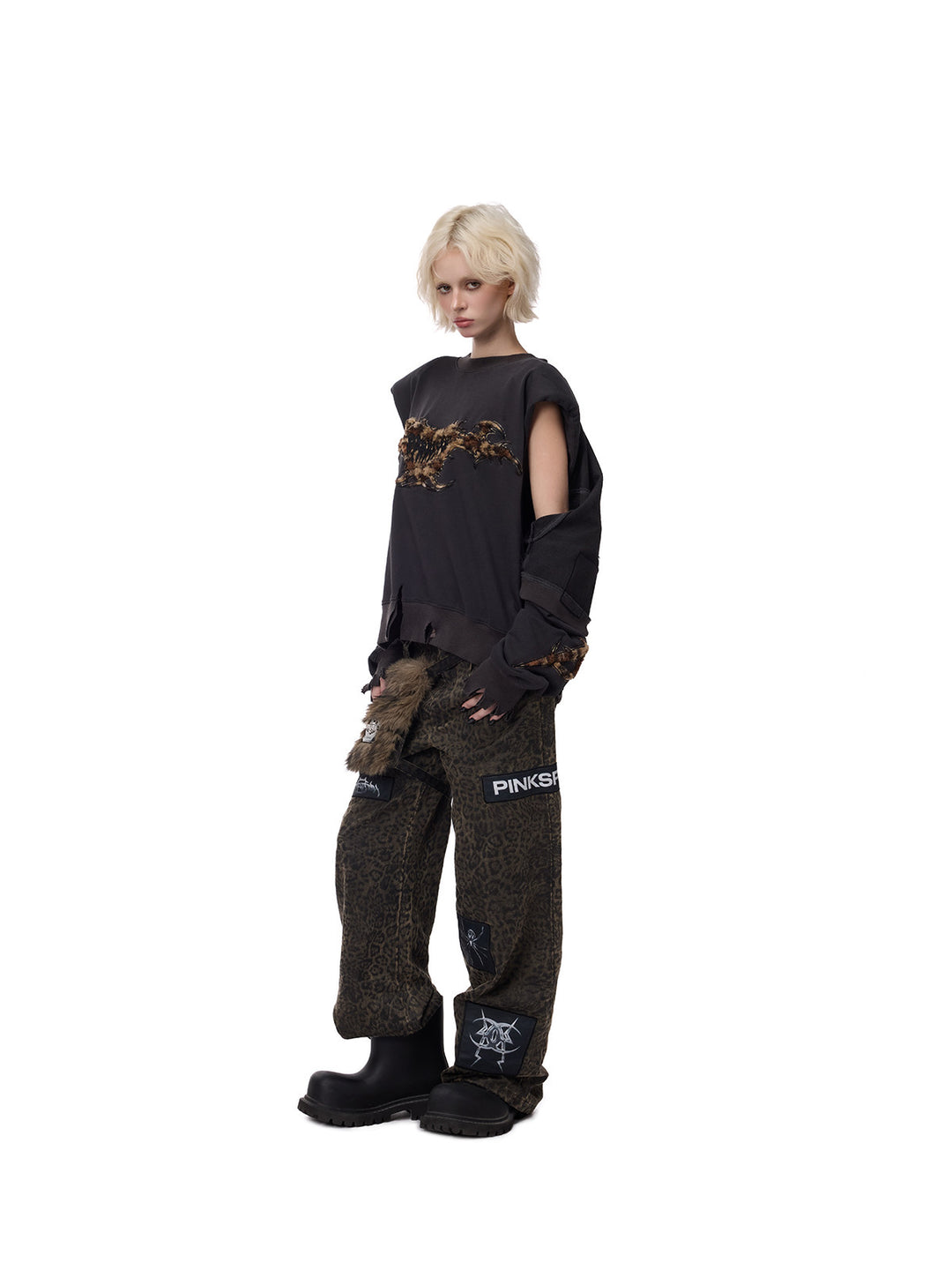 PINKSPINK LEOPARD RIOT detachable-pouch wide-leg pants — side full-length styling with layered sweatshirt