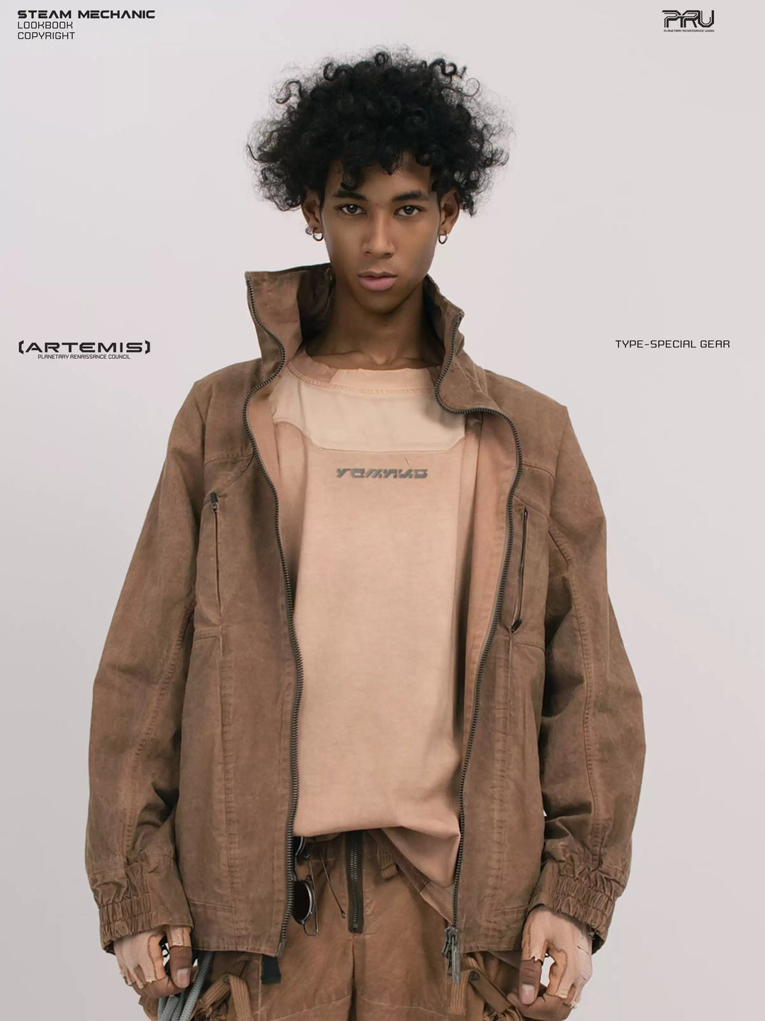 ARTEMIS soft dawn orange tuck-paneled technical jacket — front modeled close-up with jacket open