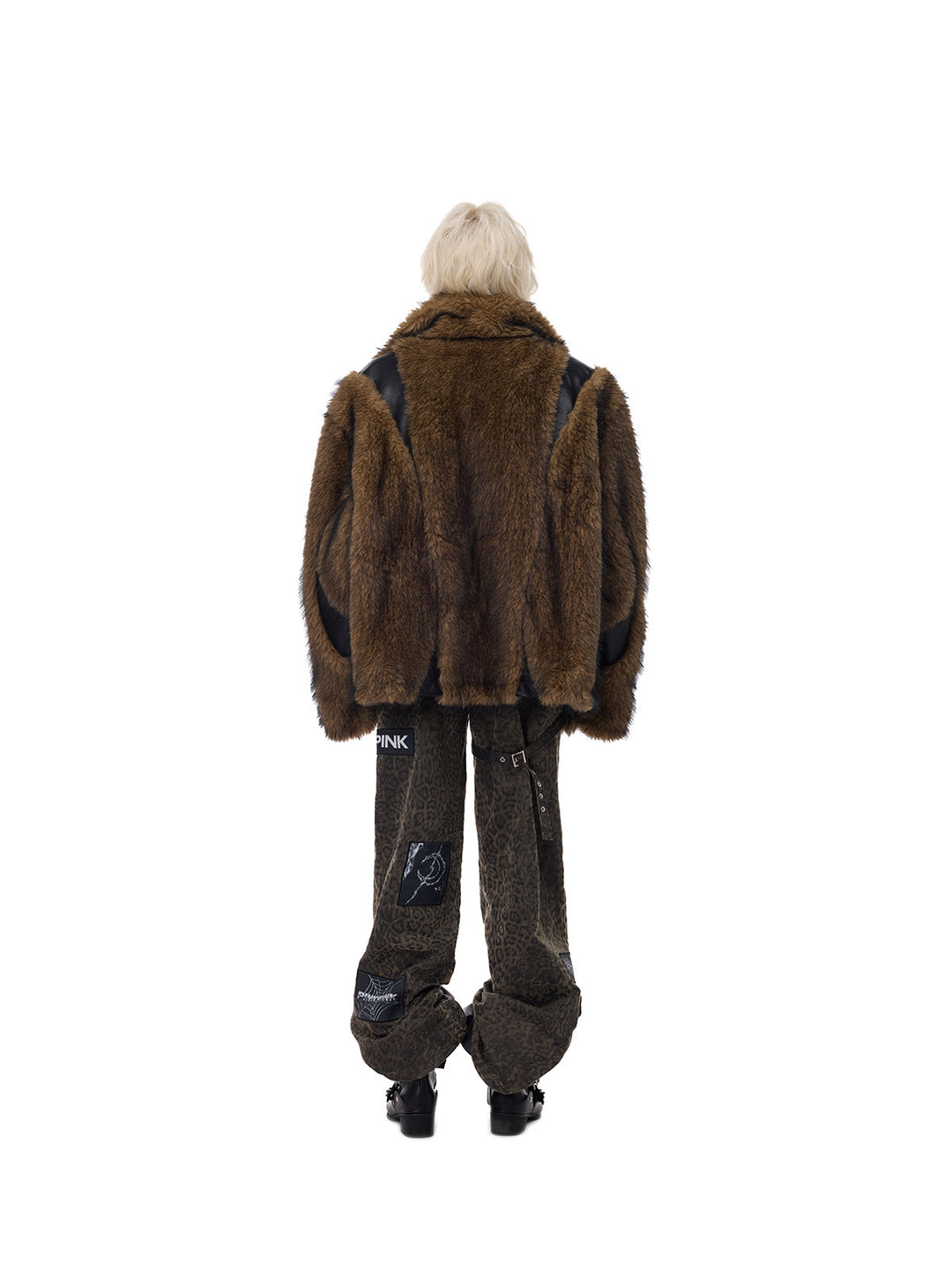 PINKSPINK ELECTRIC MOON paneled faux-fur jacket — back full-length styling with pants