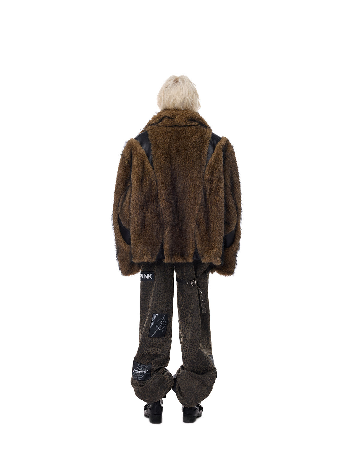 PINKSPINK ELECTRIC MOON paneled faux-fur jacket — back full-length styling with pants
