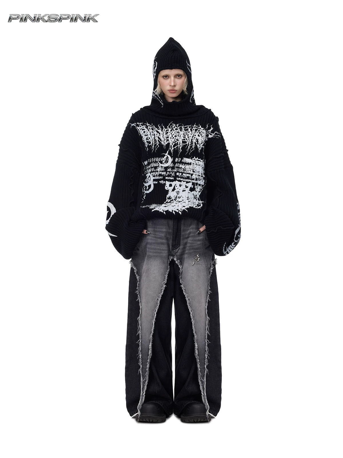 PINKSPINK THORN SIGNAL hooded graphic knit sweater — front full-length styling with wide-leg jeans and hood raised