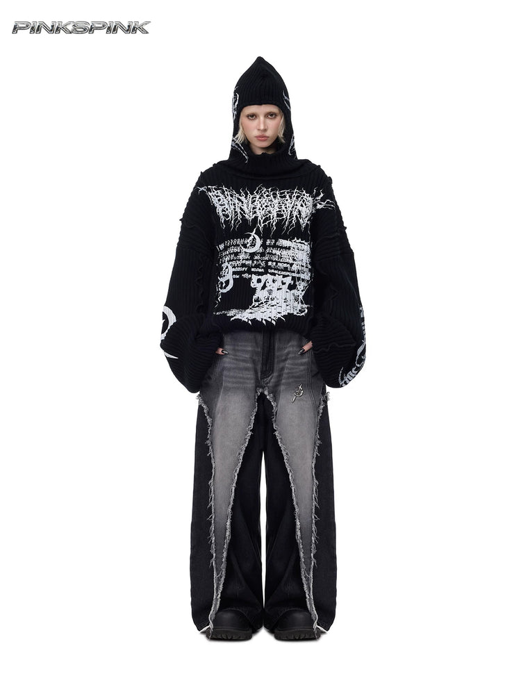 PINKSPINK THORN SIGNAL hooded graphic knit sweater — front full-length styling with wide-leg jeans and hood raised