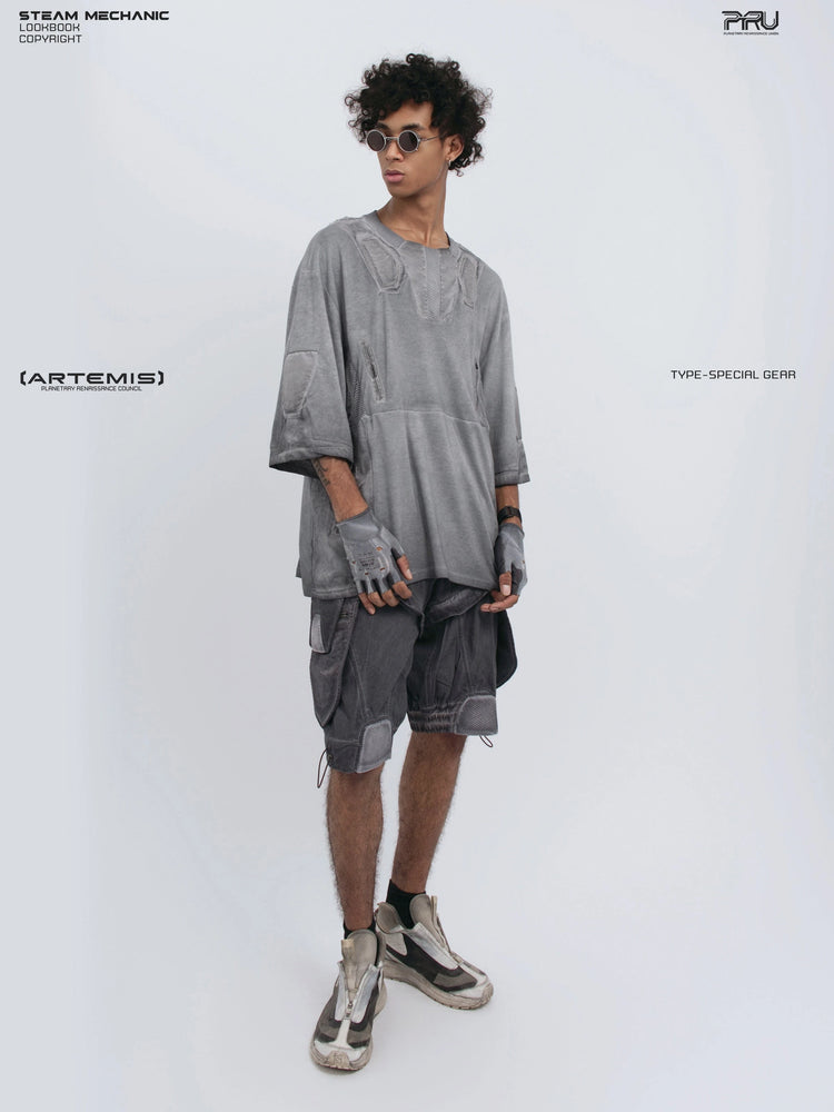 STARCORE moon dust gray distressed mesh tee — full-length angled front view holding the hem
