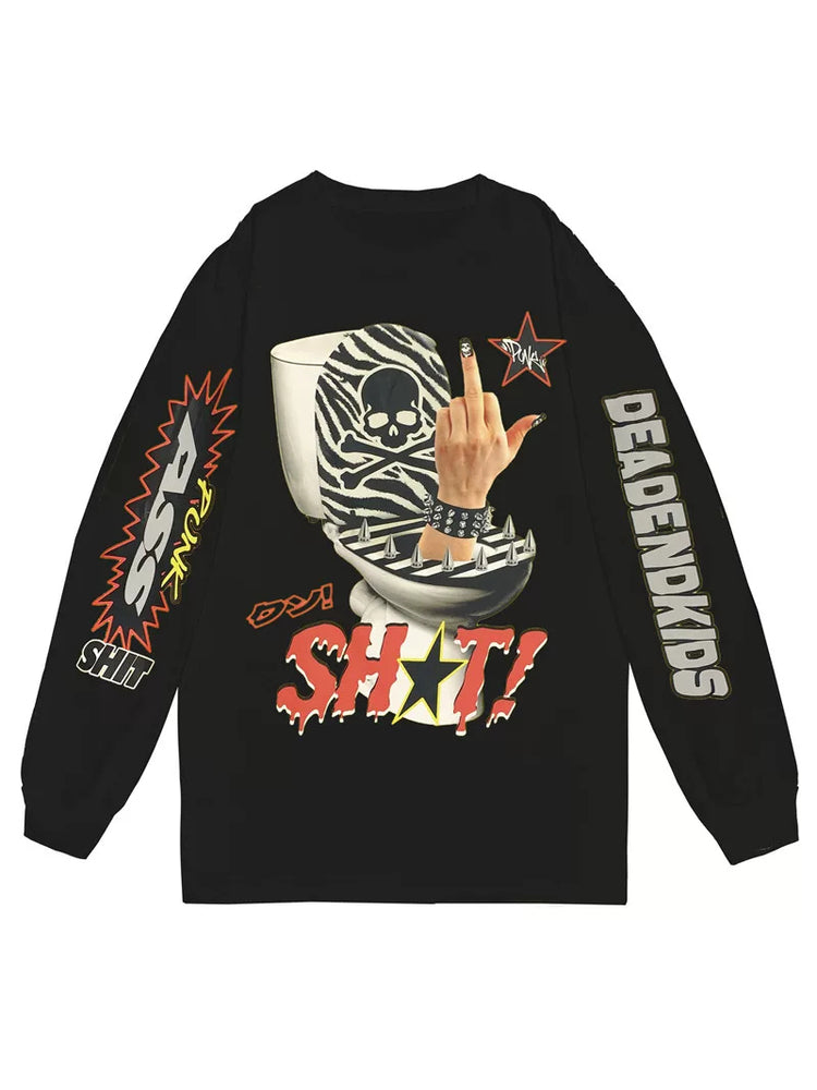 DEADENDKIDS MIDDLE FINGER oversized long-sleeve tee — rear modeled view
