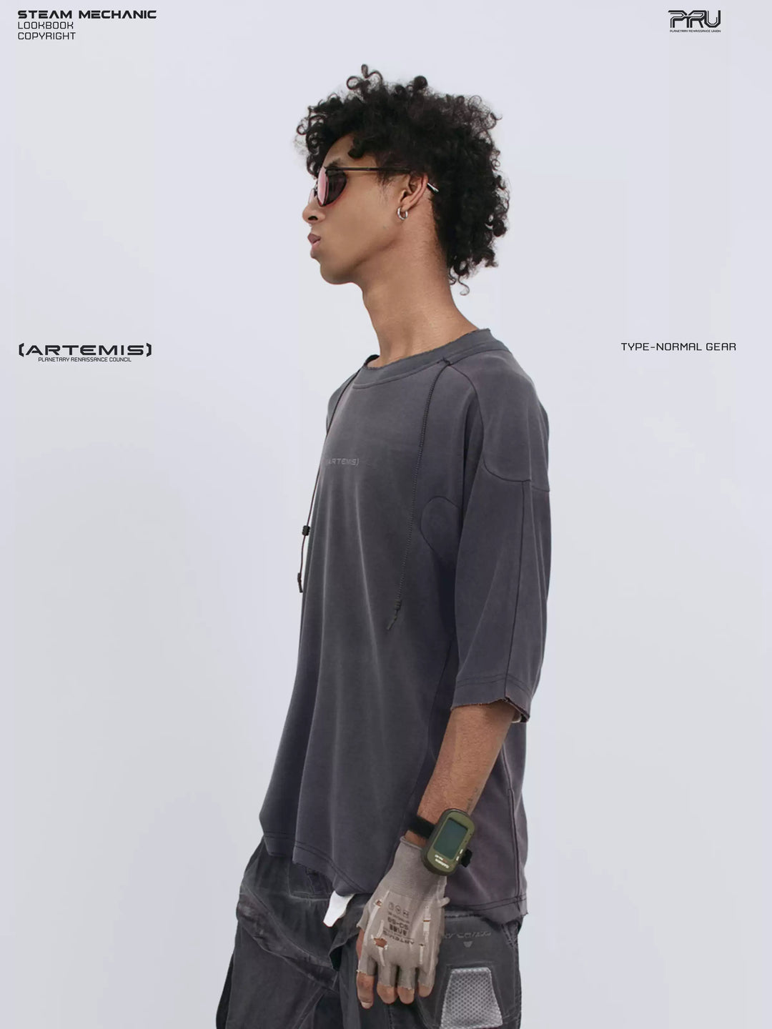 LIGHTSHADOW spirit deconstructed technical tee — side three-quarter view showing sleeve panels