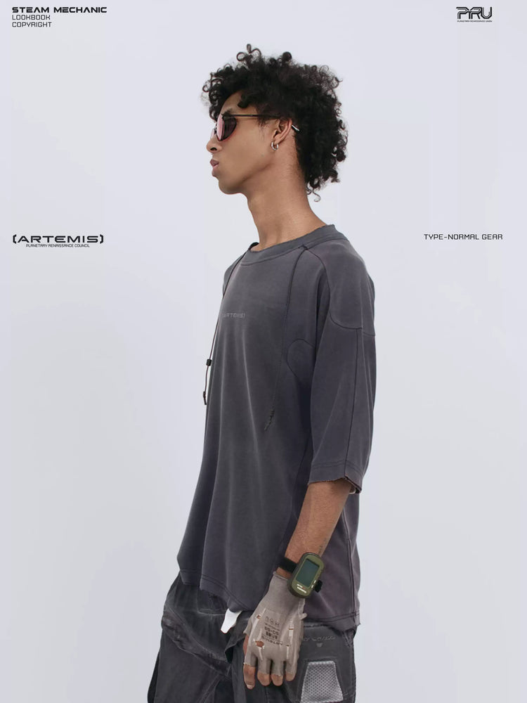 LIGHTSHADOW spirit deconstructed technical tee — side three-quarter view showing sleeve panels