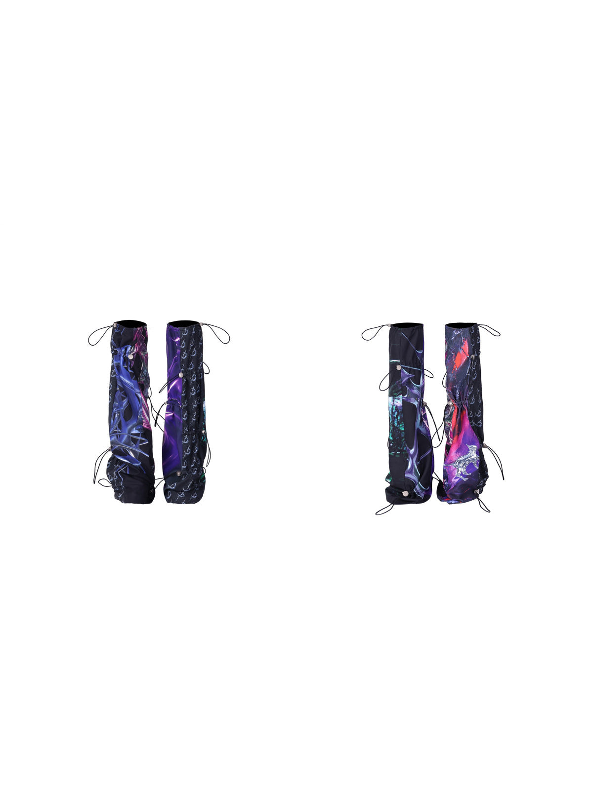 PINKSPINK COSMOS drawcord patchwork leg warmers in black purple multicolor — front and back garment-only views