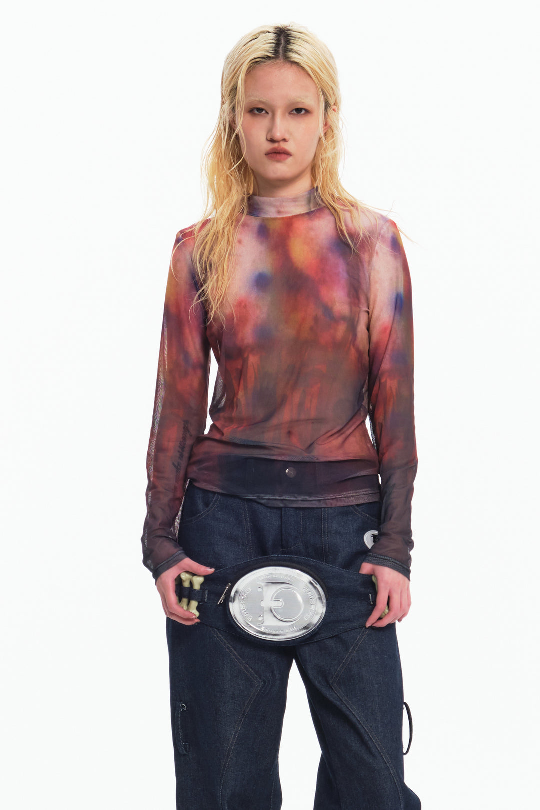 EMBRYO BRUISE SIGNAL printed mesh top — close modeled view