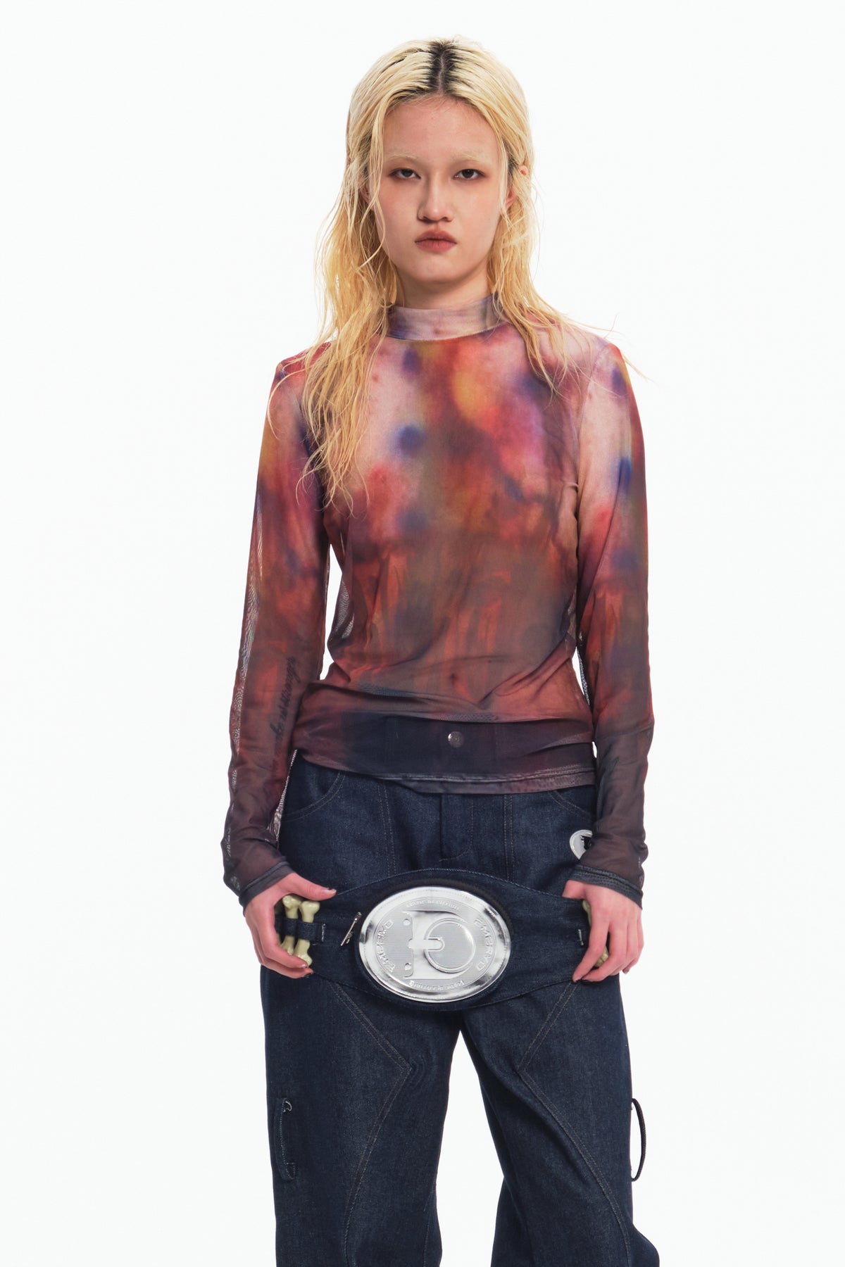 EMBRYO BONE FRAME low-rise flare pants & waist panel — material and hardware detail