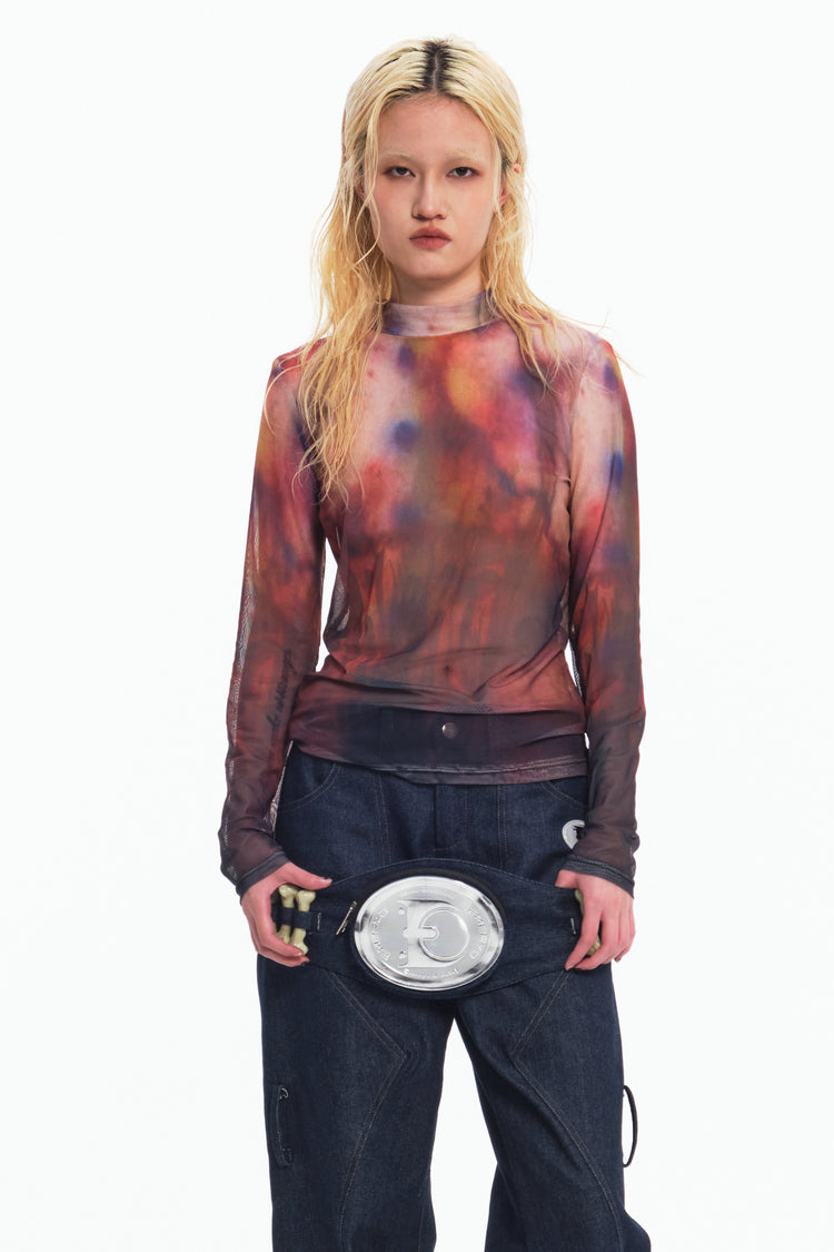 EMBRYO BONE FRAME low-rise flare pants & waist panel — material and hardware detail