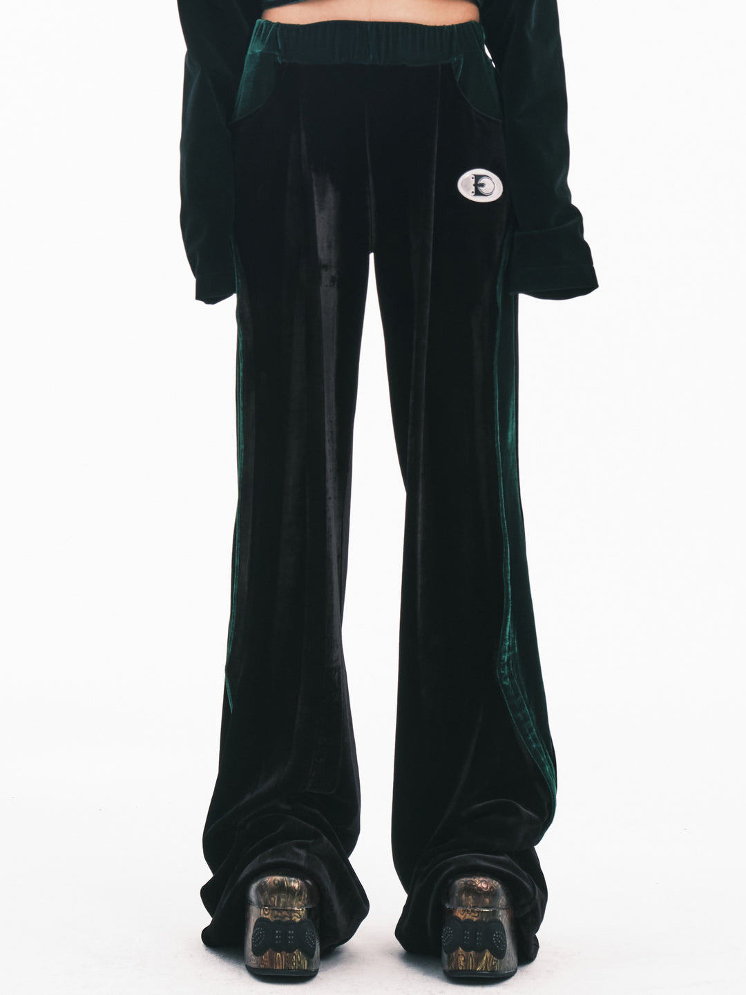 EMBRYO GREEN SPIKE velvet wide-leg pants — front product presentation