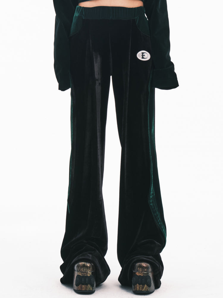 EMBRYO GREEN SPIKE velvet wide-leg pants — front product presentation