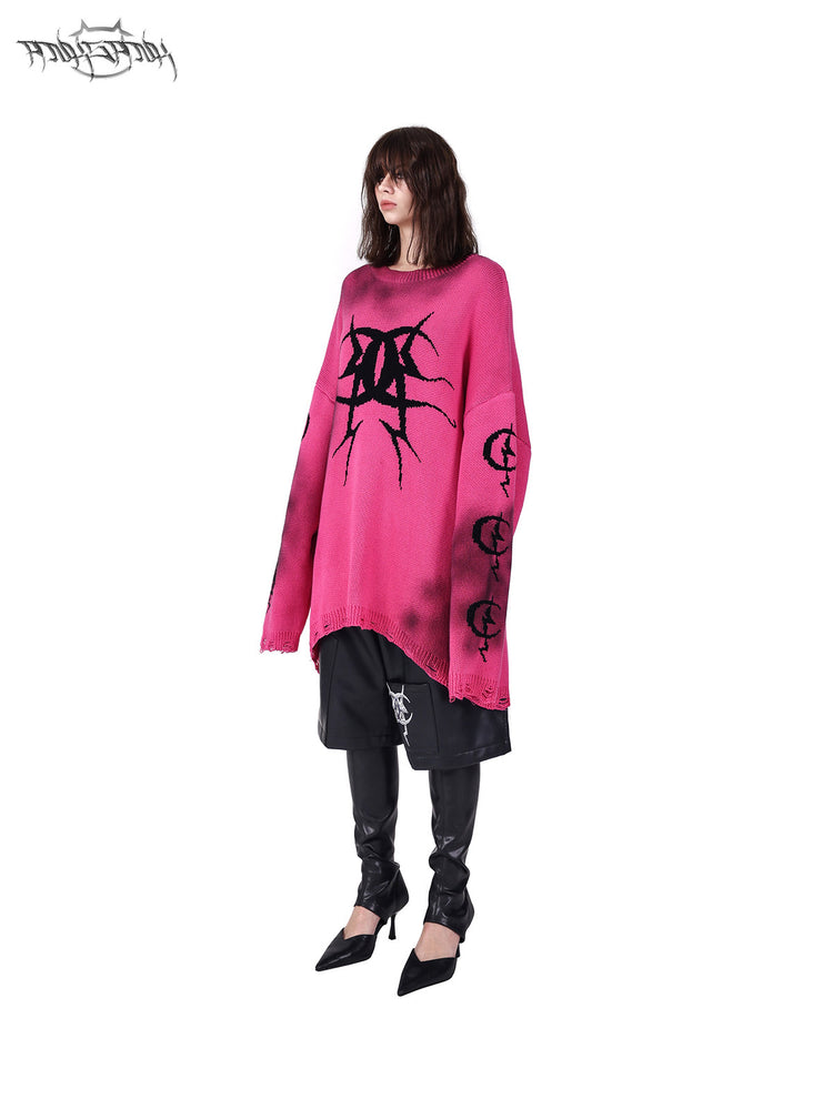 PINKSPINK ELECTRIC MOON graffiti color-block sweater — close-up view of the material and finishing