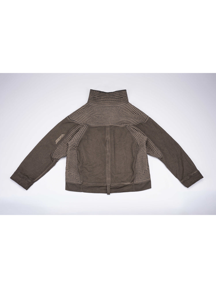 PIONEER mercury brown distressed protection zip jacket — back flat-lay view showing textured yoke, side panels and webbing loop