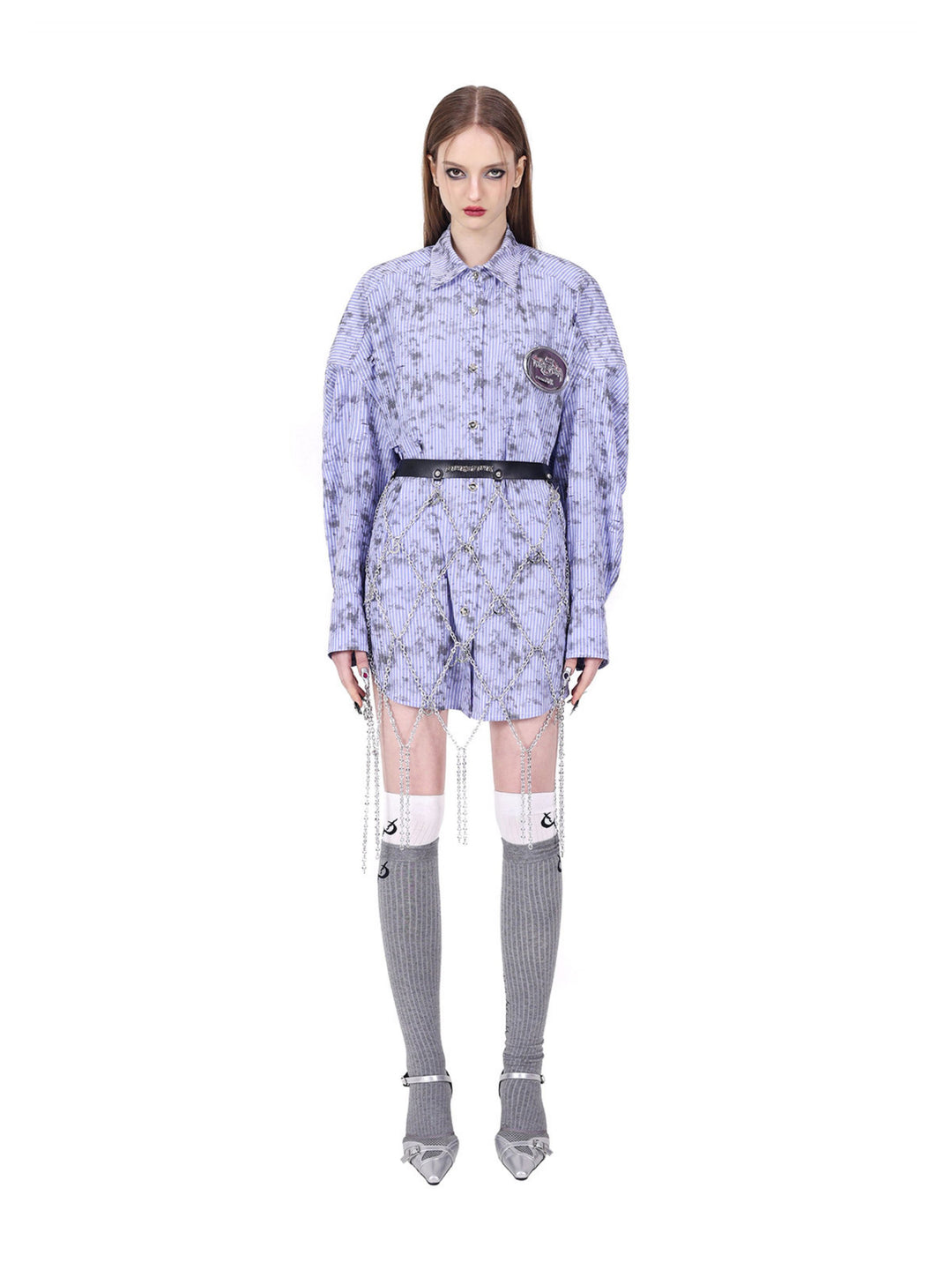 PINKSPINK ELECTRIC MOON diamond-chain belt skirt in black and silver — full-length straight front pose over a purple shirt