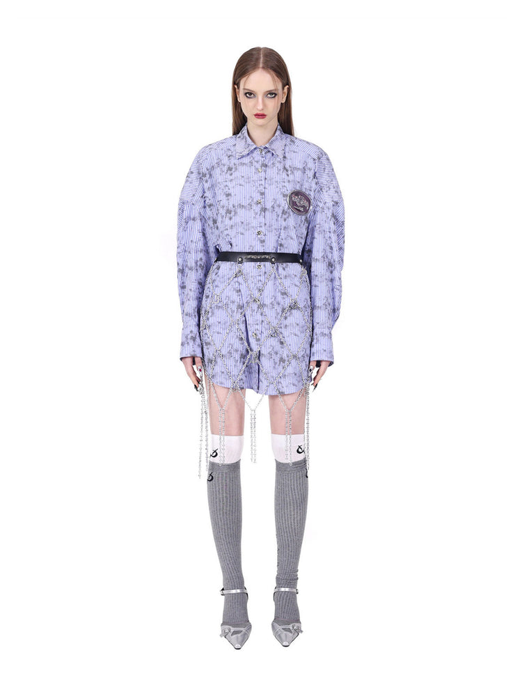 PINKSPINK ELECTRIC MOON diamond-chain belt skirt in black and silver — full-length straight front pose over a purple shirt