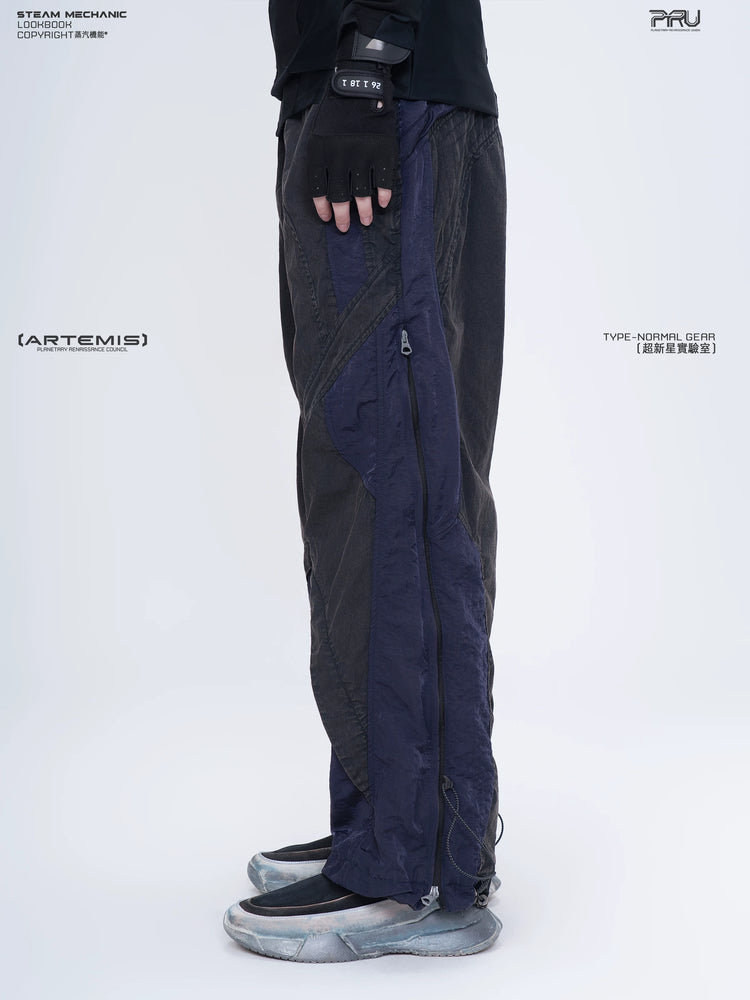 SUPERNOVA zima blue metallic nylon technical pants — side modeled view