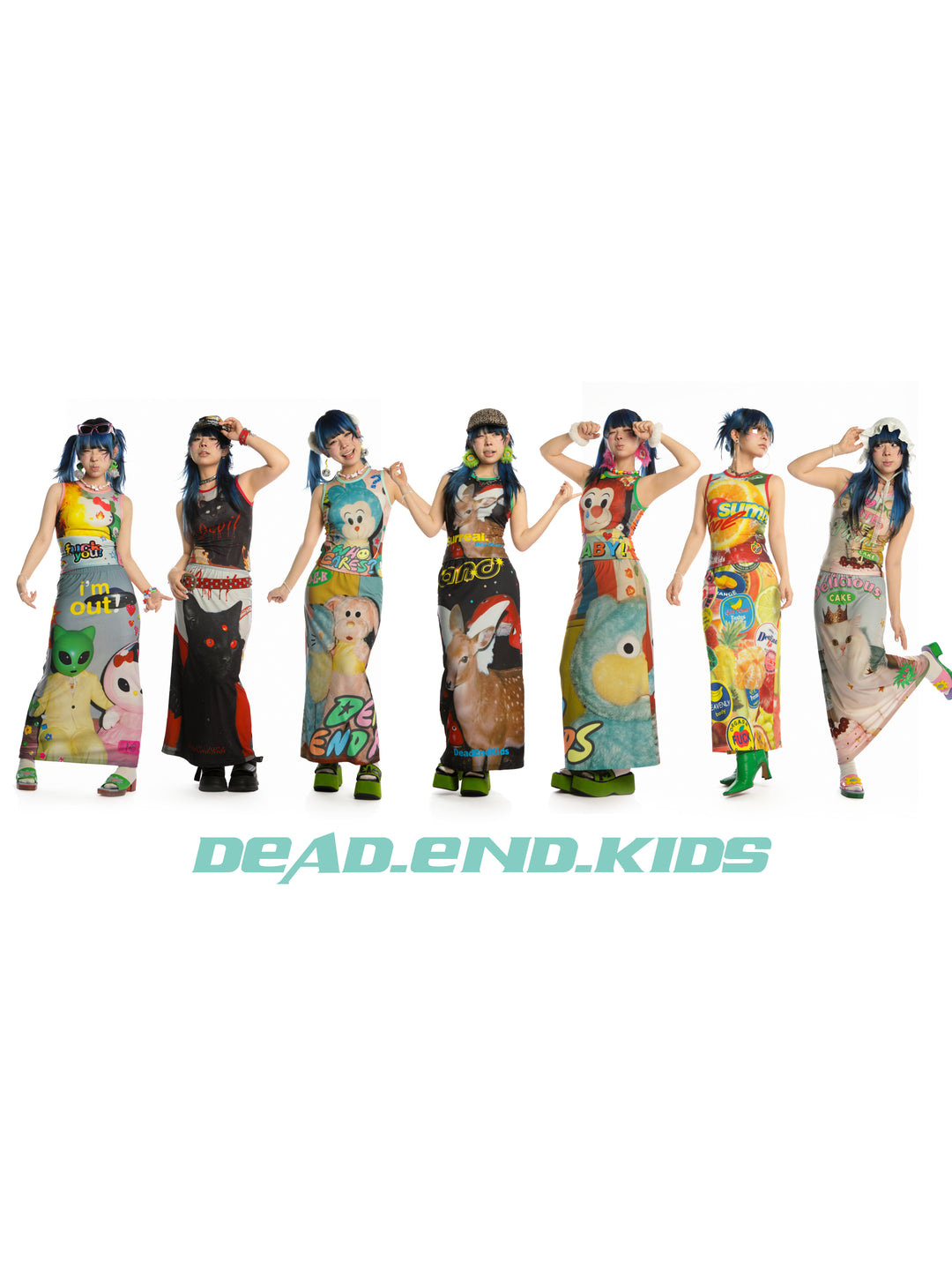 DEADENDKIDS REVERSIBLE ARCHIVE graphic maxi skirt — full-length modeled view