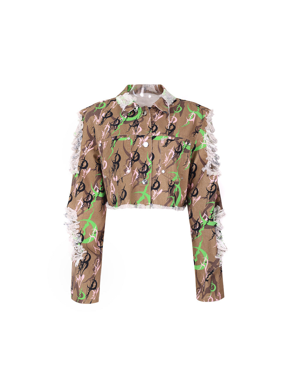 PINKSPINK ELECTRIC MOON distressed camo cropped jacket in CAMOUFLAGE — garment-only front view.