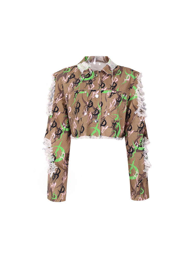 PINKSPINK ELECTRIC MOON distressed camo cropped jacket in CAMOUFLAGE — garment-only front view.