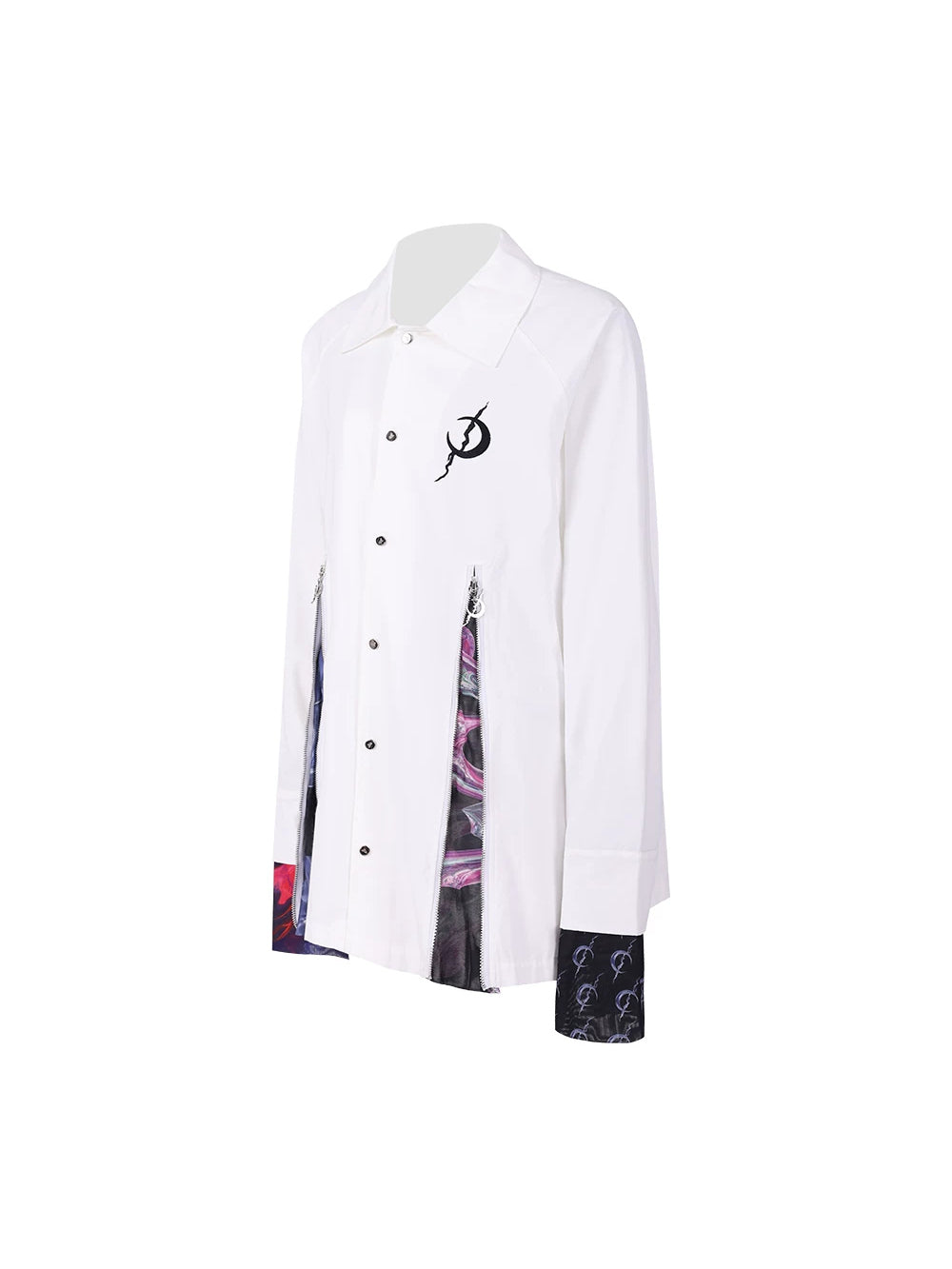 PINKSPINK COSMOS zip-panel white trench coat in white — front garment-only view showing the printed inset panels