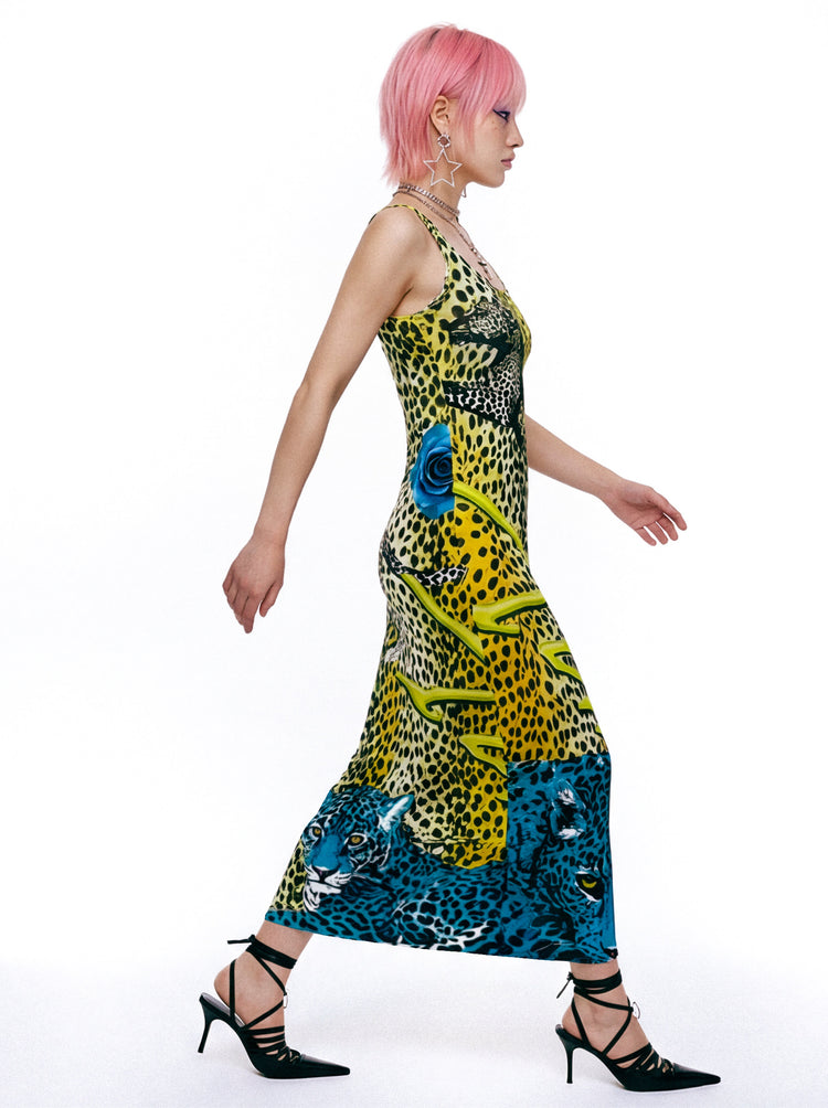 DEADENDKIDS LEOPARD ROSE fitted tank maxi dress — rear or construction presentation