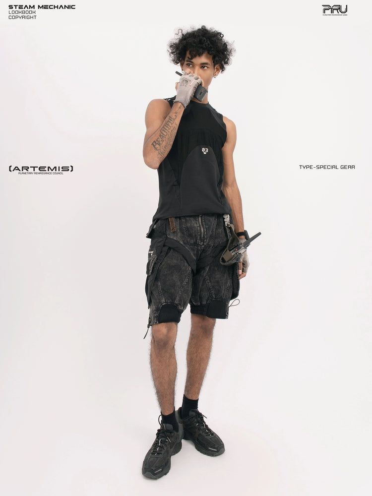 AEGIS blackbird black distressed mesh tank — full-length front modeled view holding a radio near the face