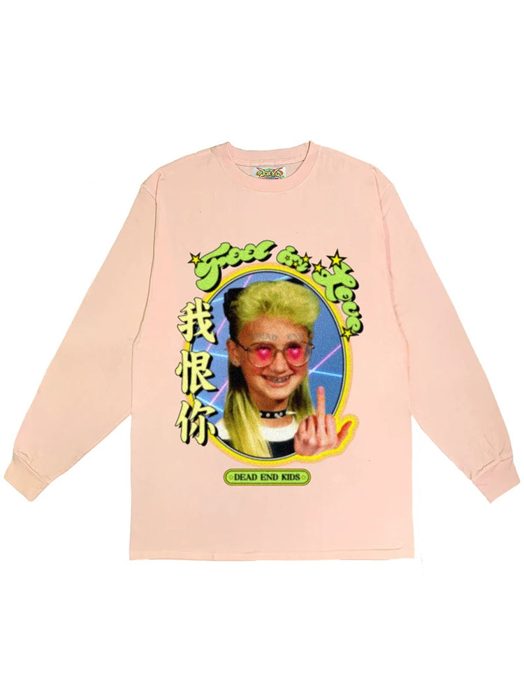 DEADENDKIDS LOVE HATE oversized graphic tee — full-length modeled view