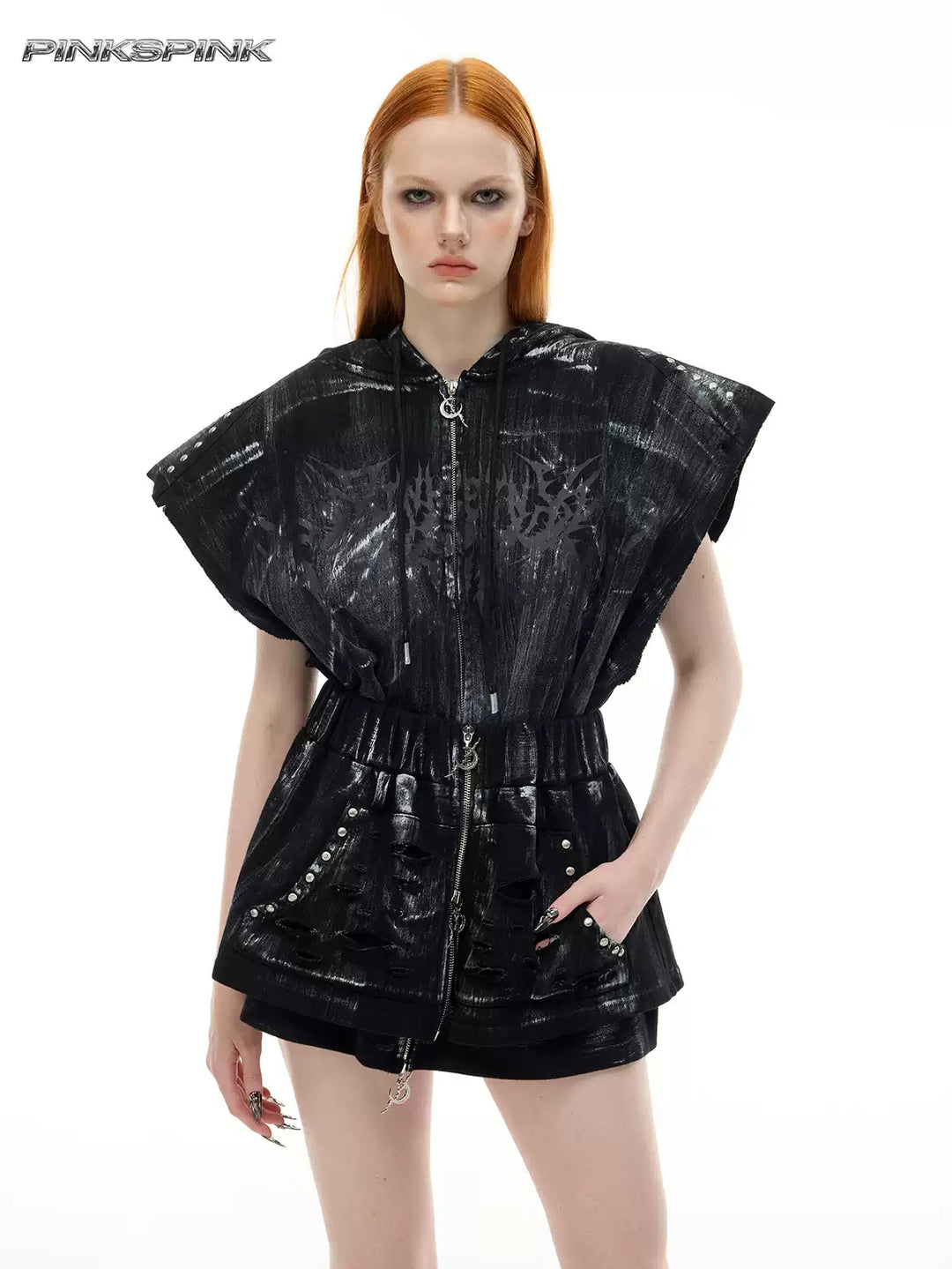 PINKSPINK ELECTRIC MOON coated zip-front mini skirt in black — front three-quarter modeled view showing the coated skirt below a matching vest
