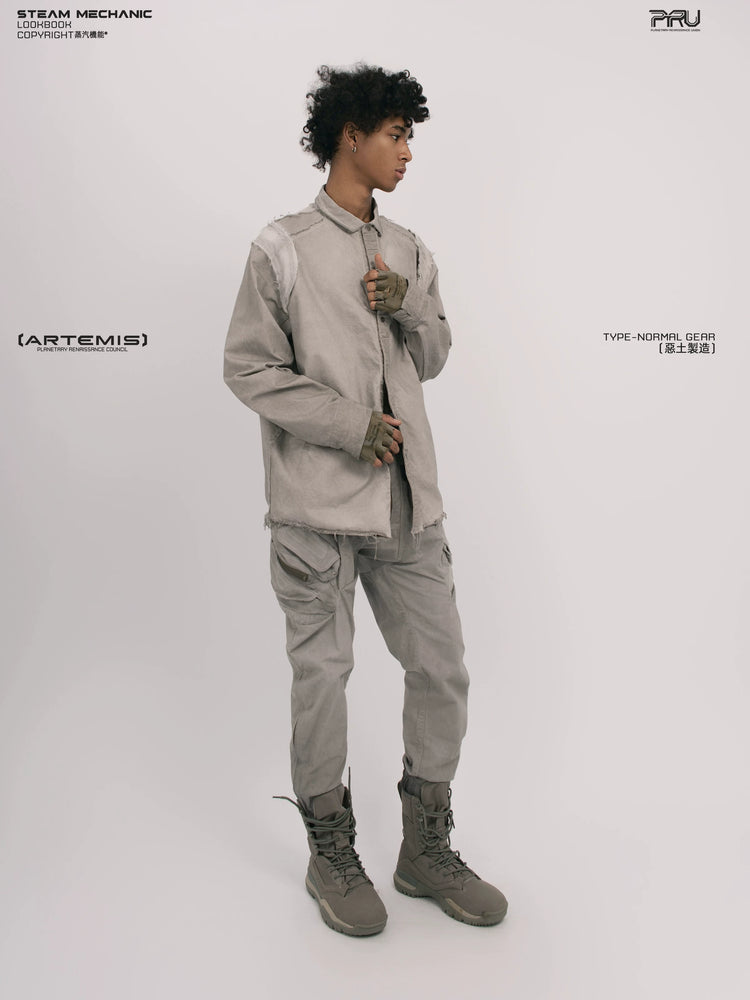 CHAOS ERA nightfall gray raw-edge technical shirt — rear modeled view