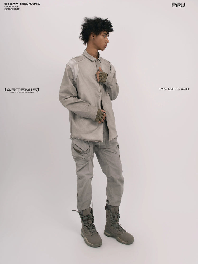 CHAOS ERA nightfall gray raw-edge technical shirt — full-length angled front modeled view looking sideways