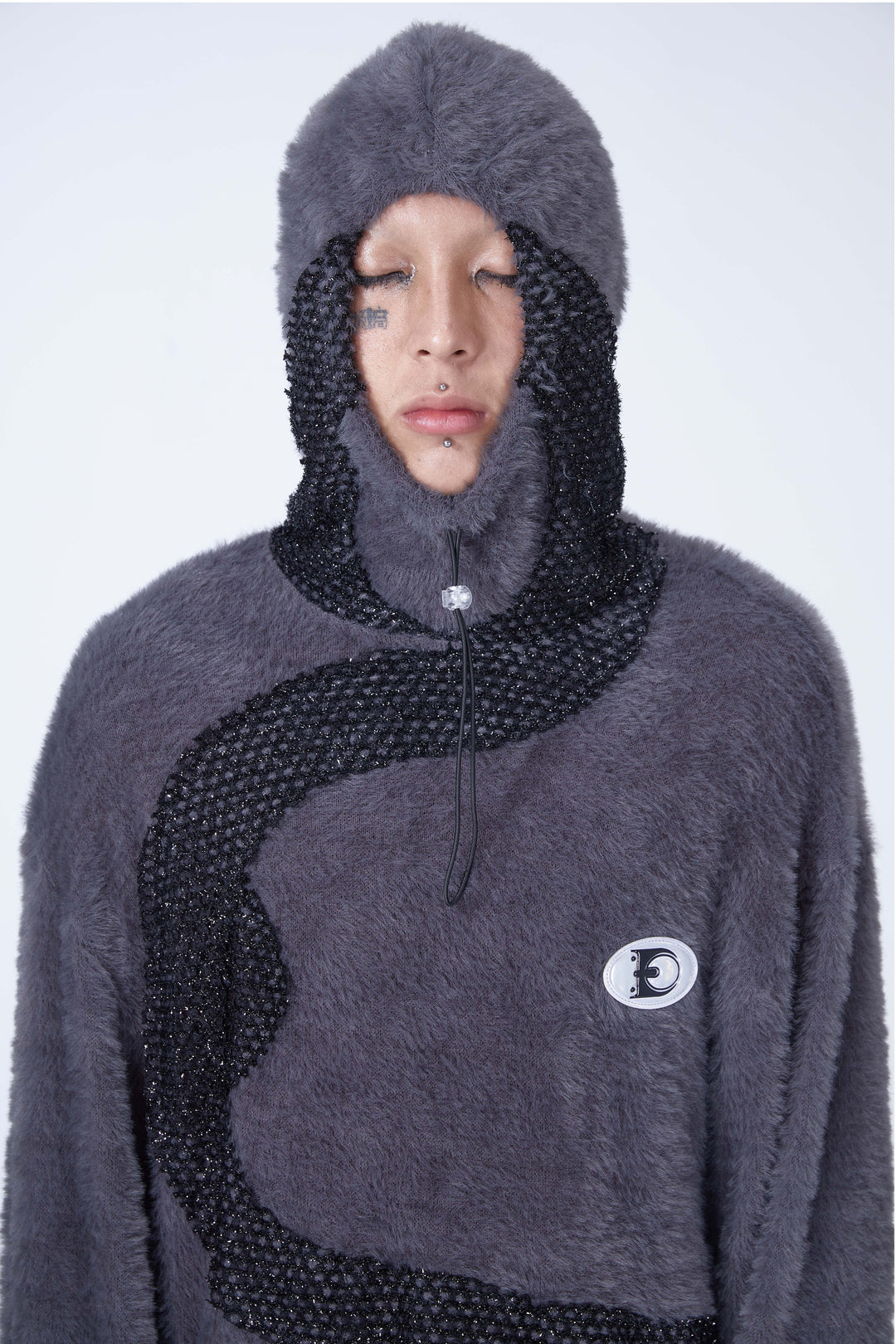 EMBRYO FUR COLLAR oversized plush sweatshirt — close modeled view