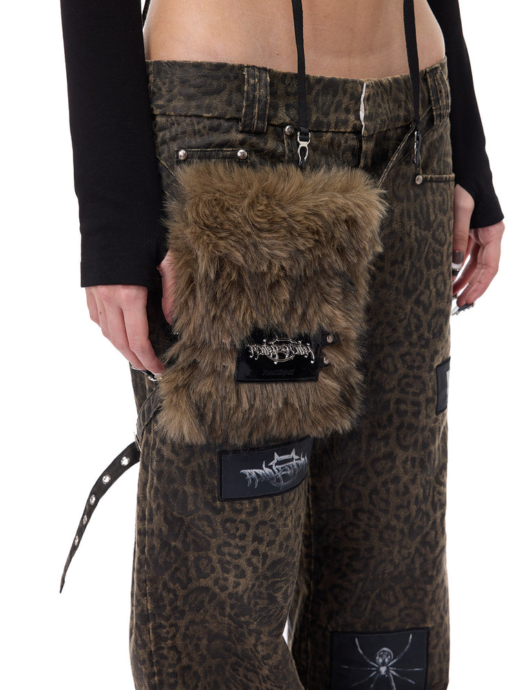 PINKSPINK LEOPARD RIOT detachable-pouch wide-leg pants — faux-fur pouch and embroidered patches detail