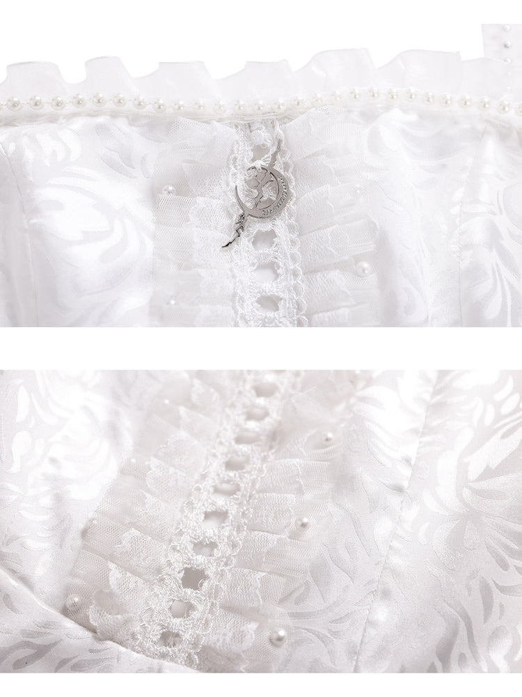 PINKSPINK FAIRY pearl-trim asymmetric mini dress — close-ups of pearl-effect trim, moon charm and openwork bodice
