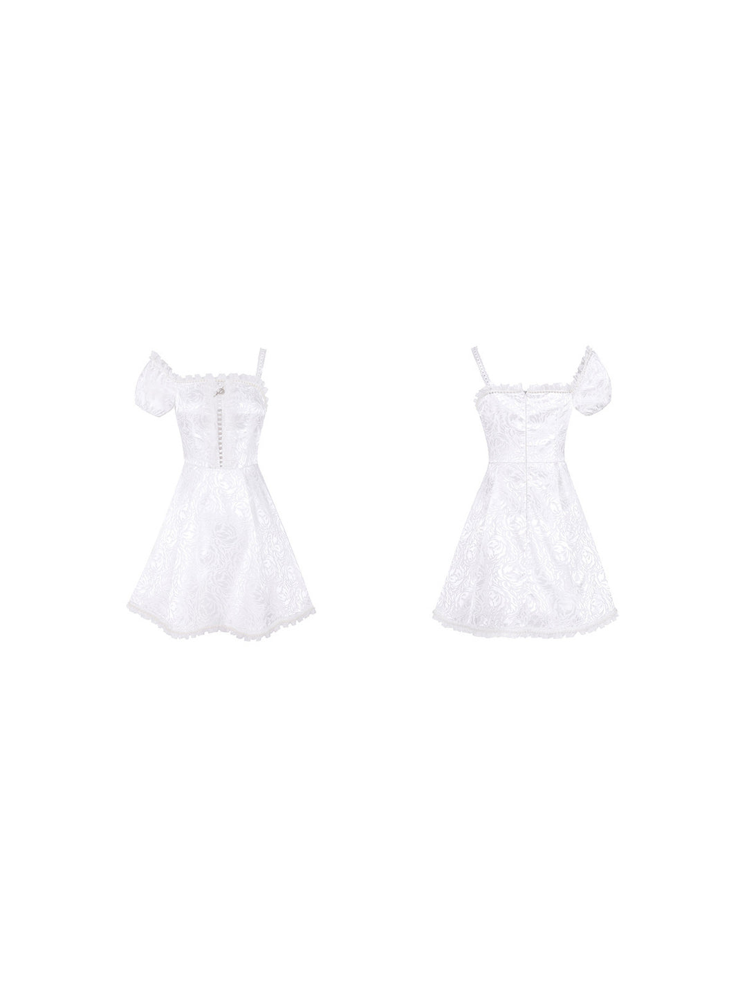 PINKSPINK FAIRY pearl-trim asymmetric mini dress — front and back garment-only views