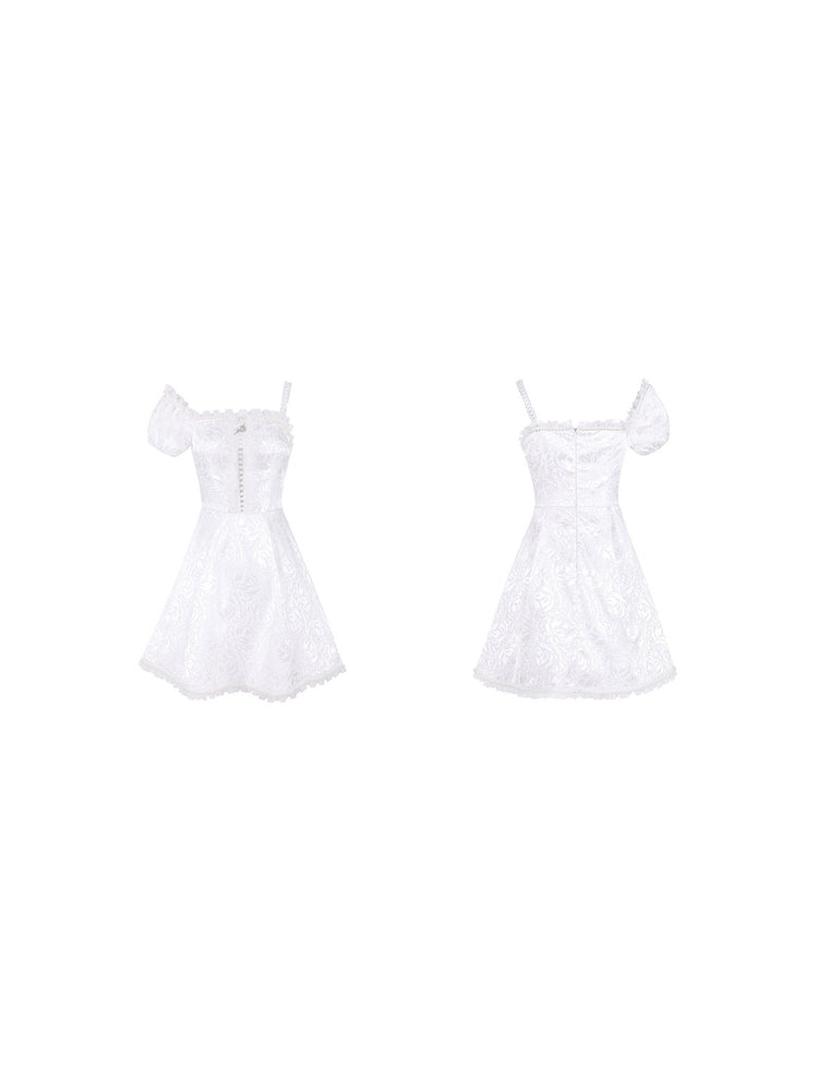 PINKSPINK FAIRY pearl-trim asymmetric mini dress — front and back garment-only views