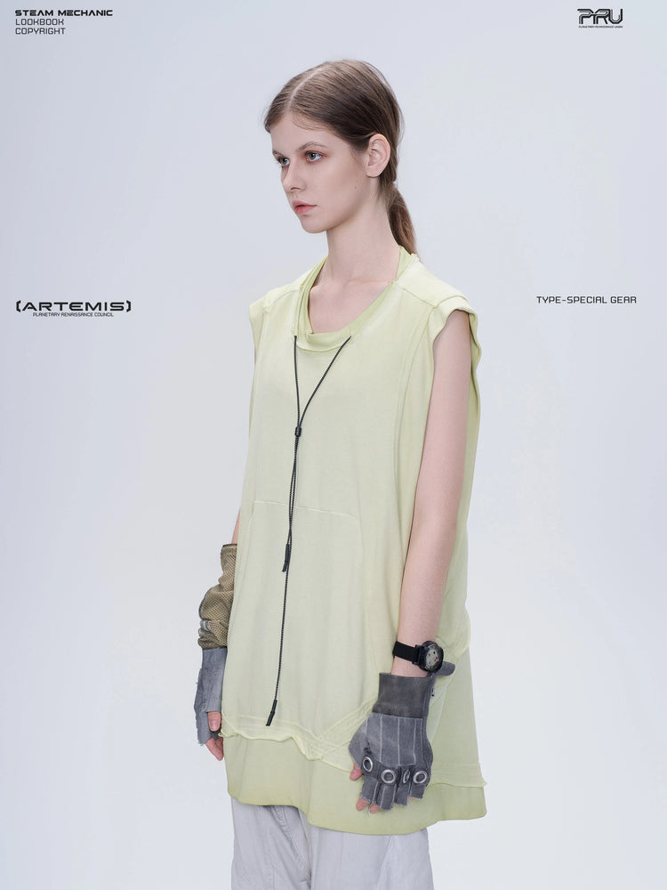 SUPERNOVA nebula green convertible drawstring technical tee — three-quarter modeled view with sleeves concealed