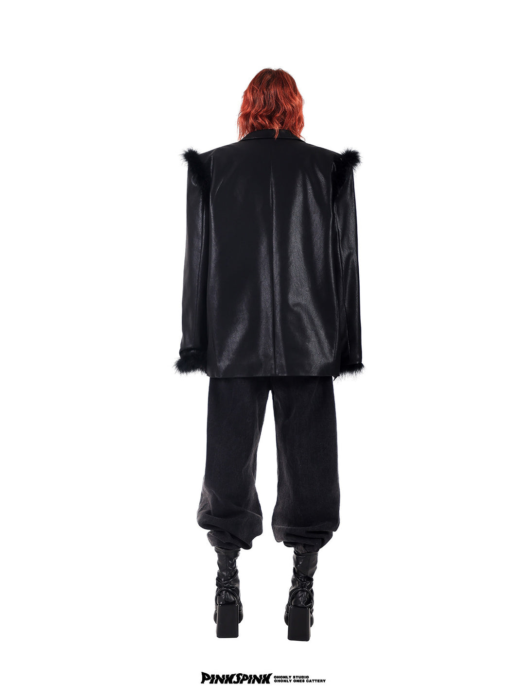 PINKSPINK OSTRICH plume-trim padded-shoulder blazer — modeled front styling view