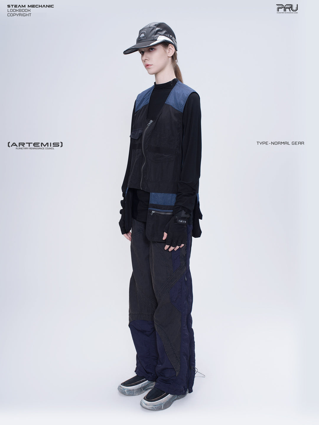 SUPERNOVA zima blue metallic nylon technical pants — full-length modeled side view showing curved leg panels